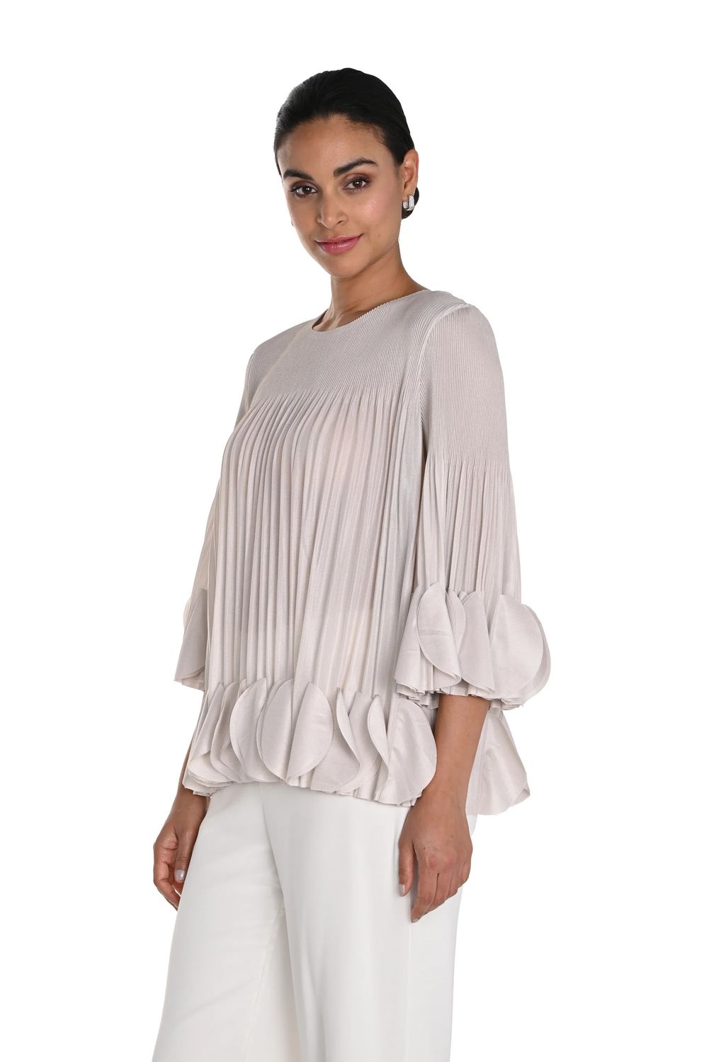 Pleated Scalloped Hem &amp; Sleeves Top, Color: Natural, Size: S