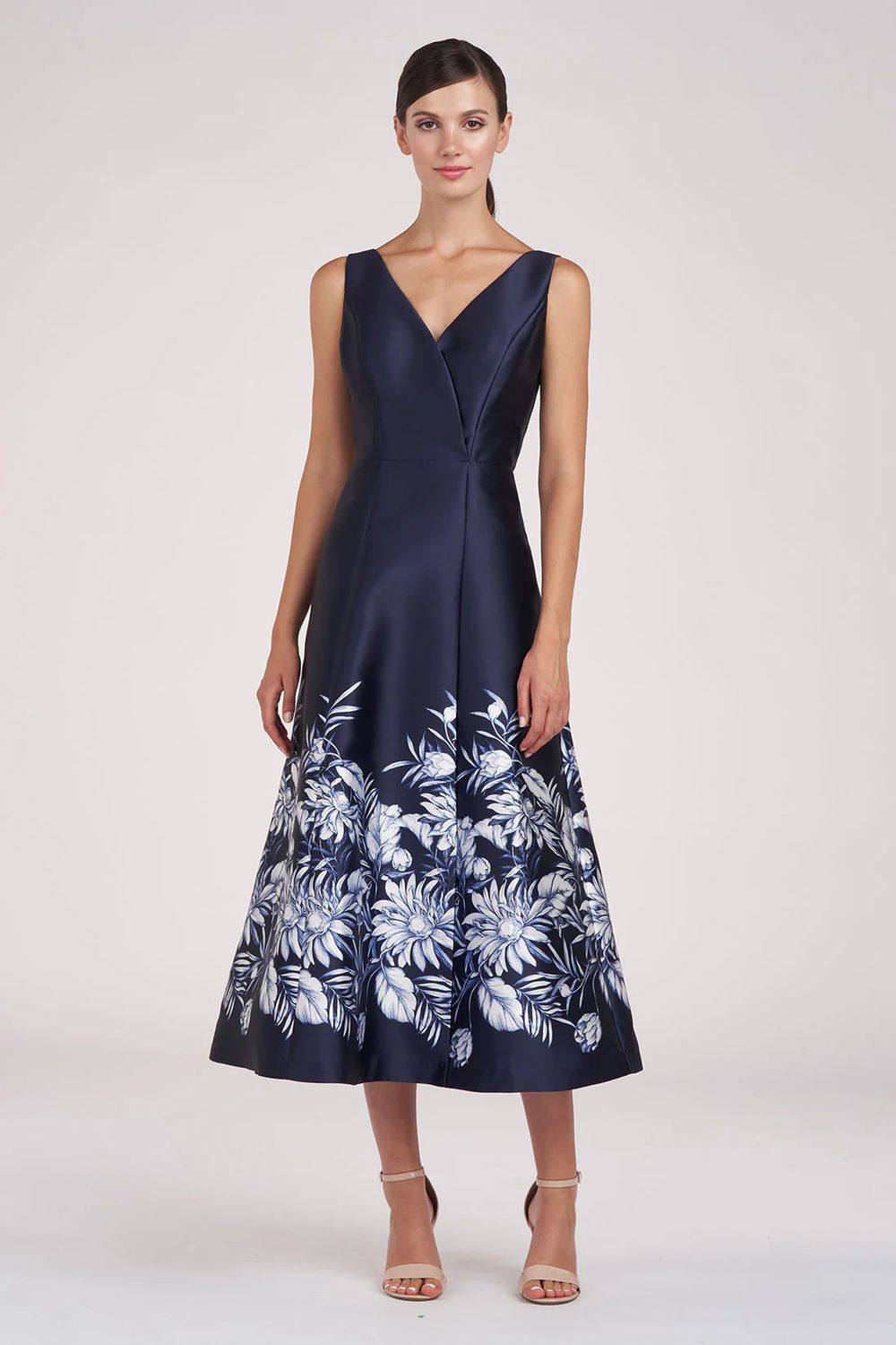 Hattie Floral Border Tea Length Dress, Color: Navy, Size: 6