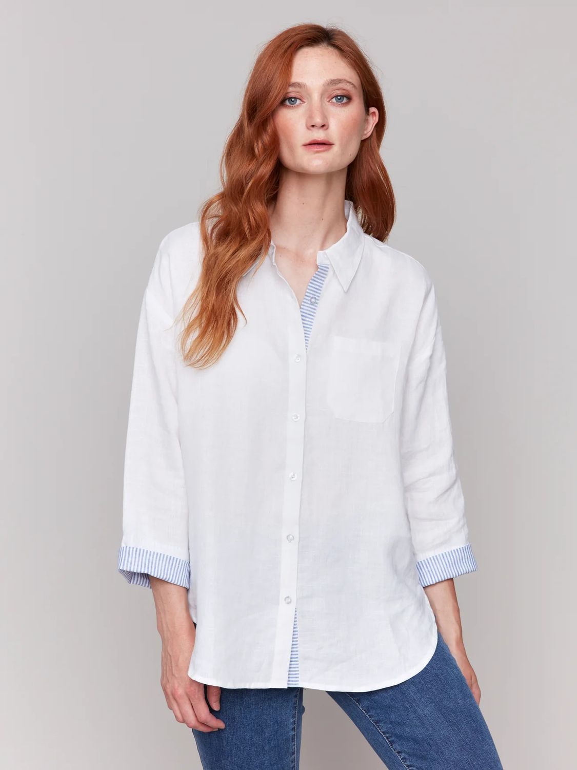 Linen Drop Shoulder Stripe Cuff Blouse, Color: White, Size: S