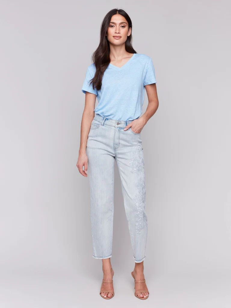 Slim Embroidered Leg Jean , Color: Beach Blue, Size: 6