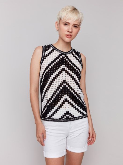  Striped Crochet Sleeveless Crew Neck, Color: Pepper, Size: S