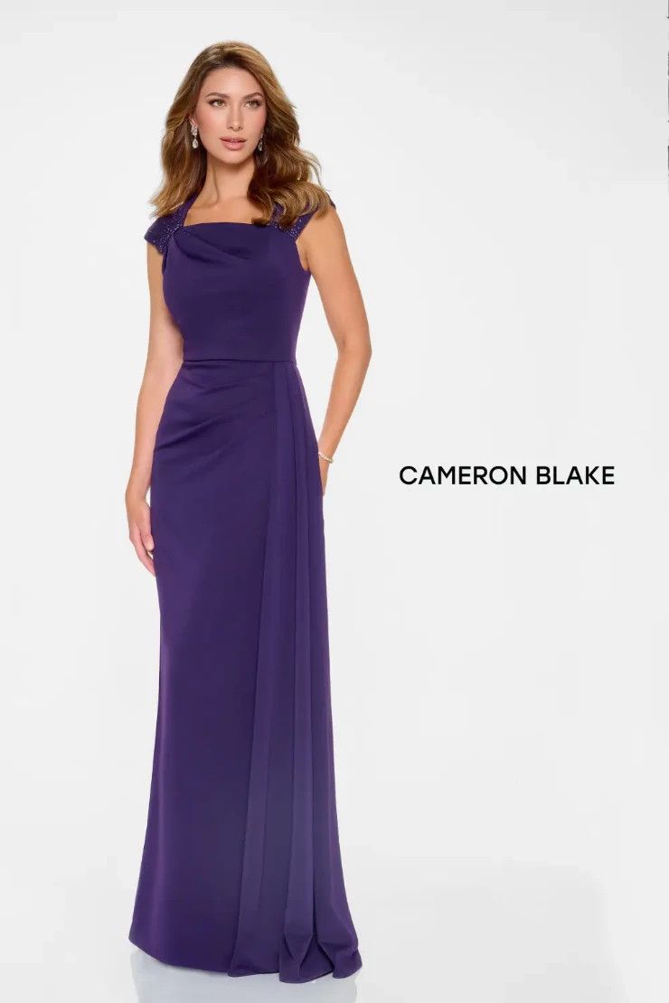 Stone Accent cap sleeve stretch crepe gown , Color: Dk. Amethyst, Size: 16