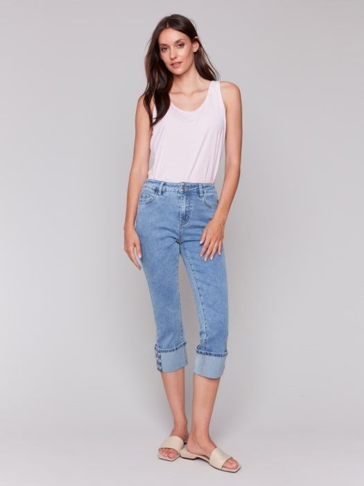 Cropped Jeans w/ Snap Button Cuff , Color: Lt. Blue, Size: 4