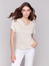 Slit Neck Dolman T-Shirt , Color: Champagne, Size: S