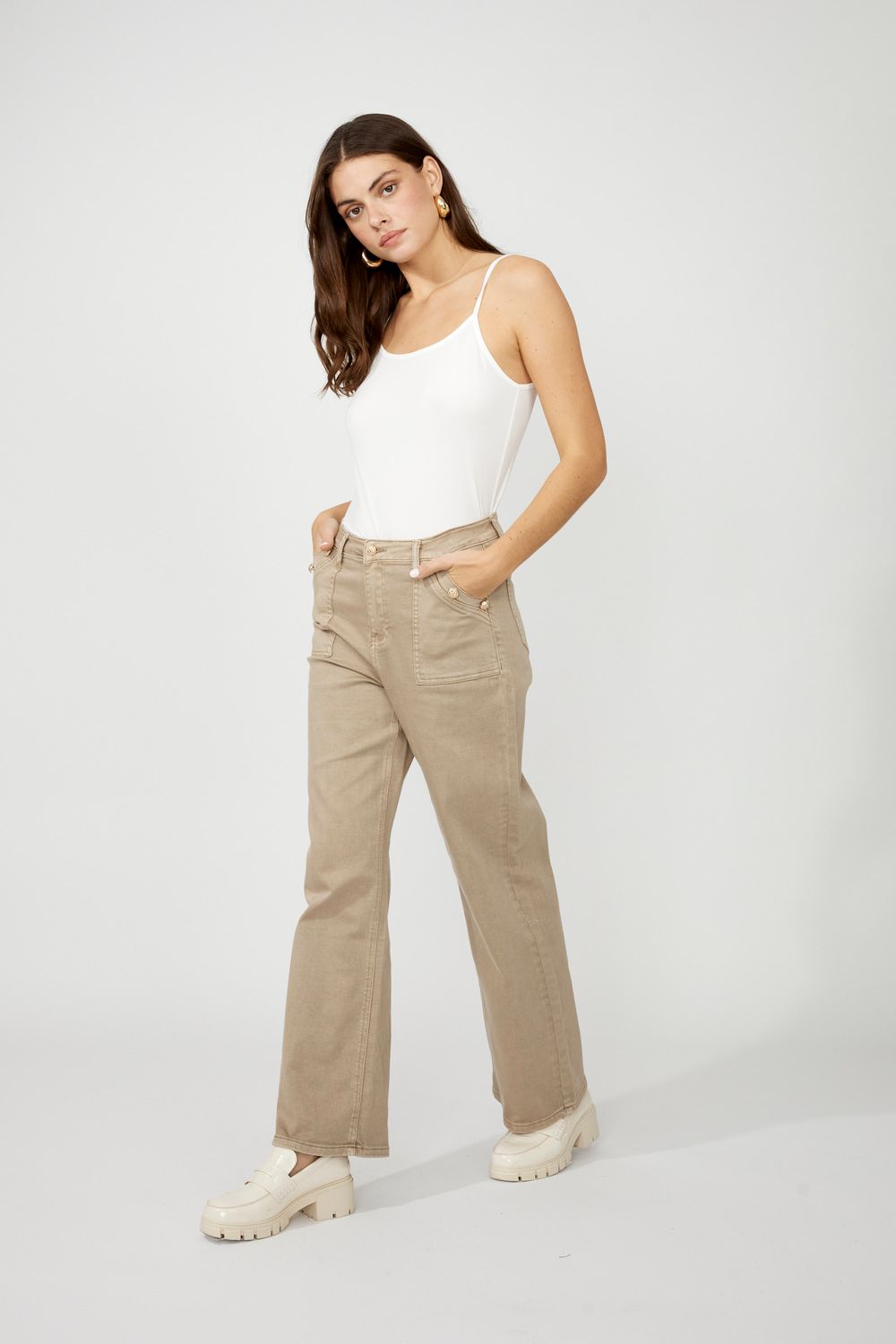 Wide- leg Pant w Gold Button Detail, Color: Beige, Size: XS