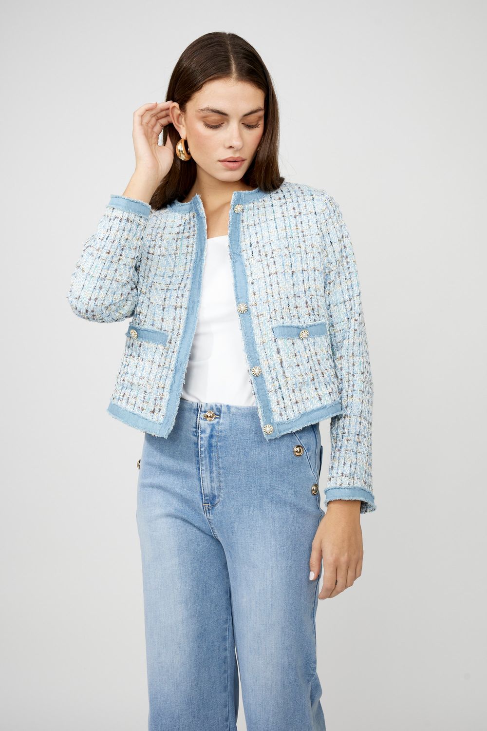 Button- Up Tweed Blazer, Color: Blue, Size: S
