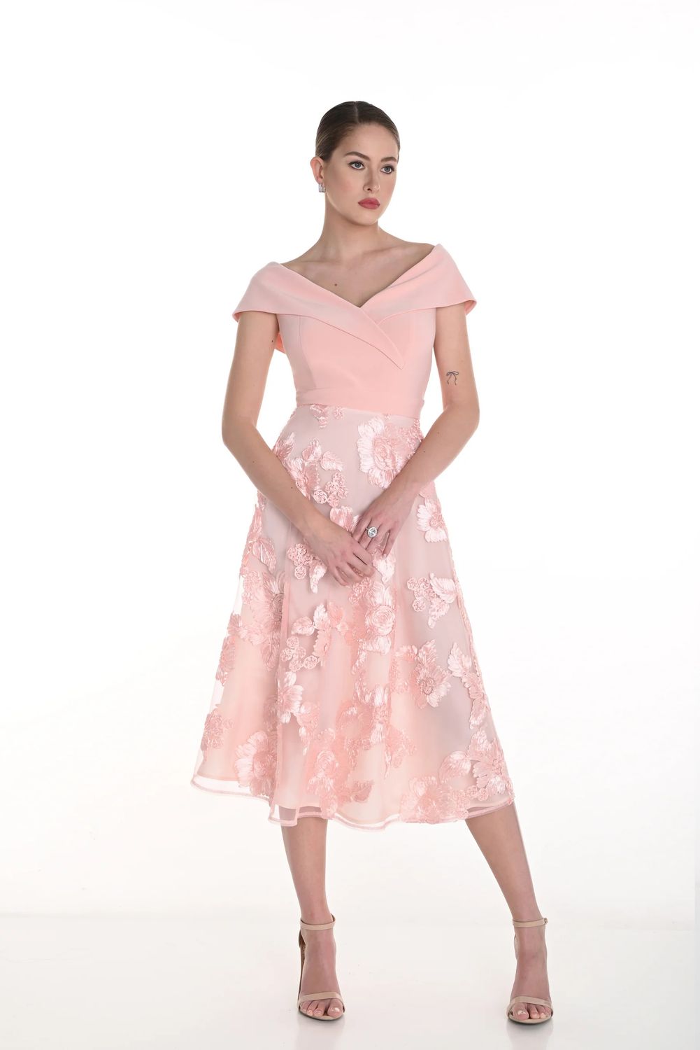 Off Shoulder Floral Embroidered Midi, Color: Rose, Size: XS