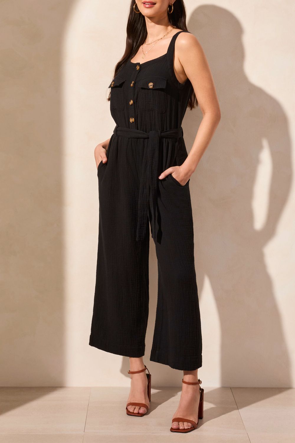 Cotton Gauze Belted Jumper, Color: Black, Size: S