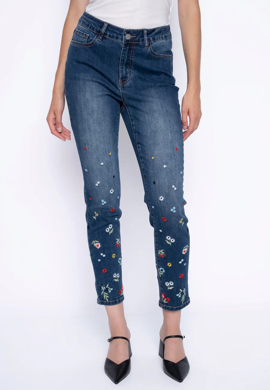 Flower Embroidered Jean, Color: Denim, Size: 10