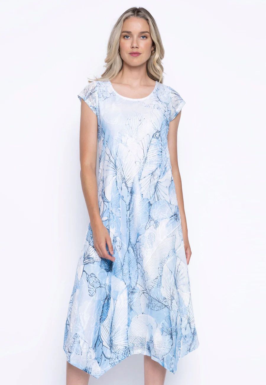 Printed Cap Sleeve Dress, Color: Blue/ Multi, Size: S