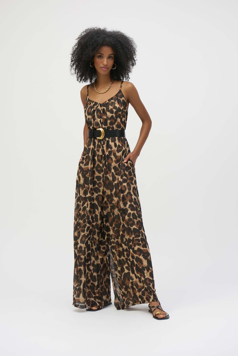 Chiffon Wide Leg Belted Jumpstuit, Color: Animal, Size: M