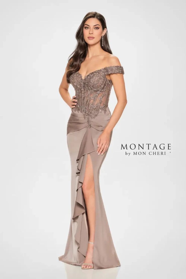Lace Bead Work Ruffle Slit Gown, Color: Taupe, Size: 8