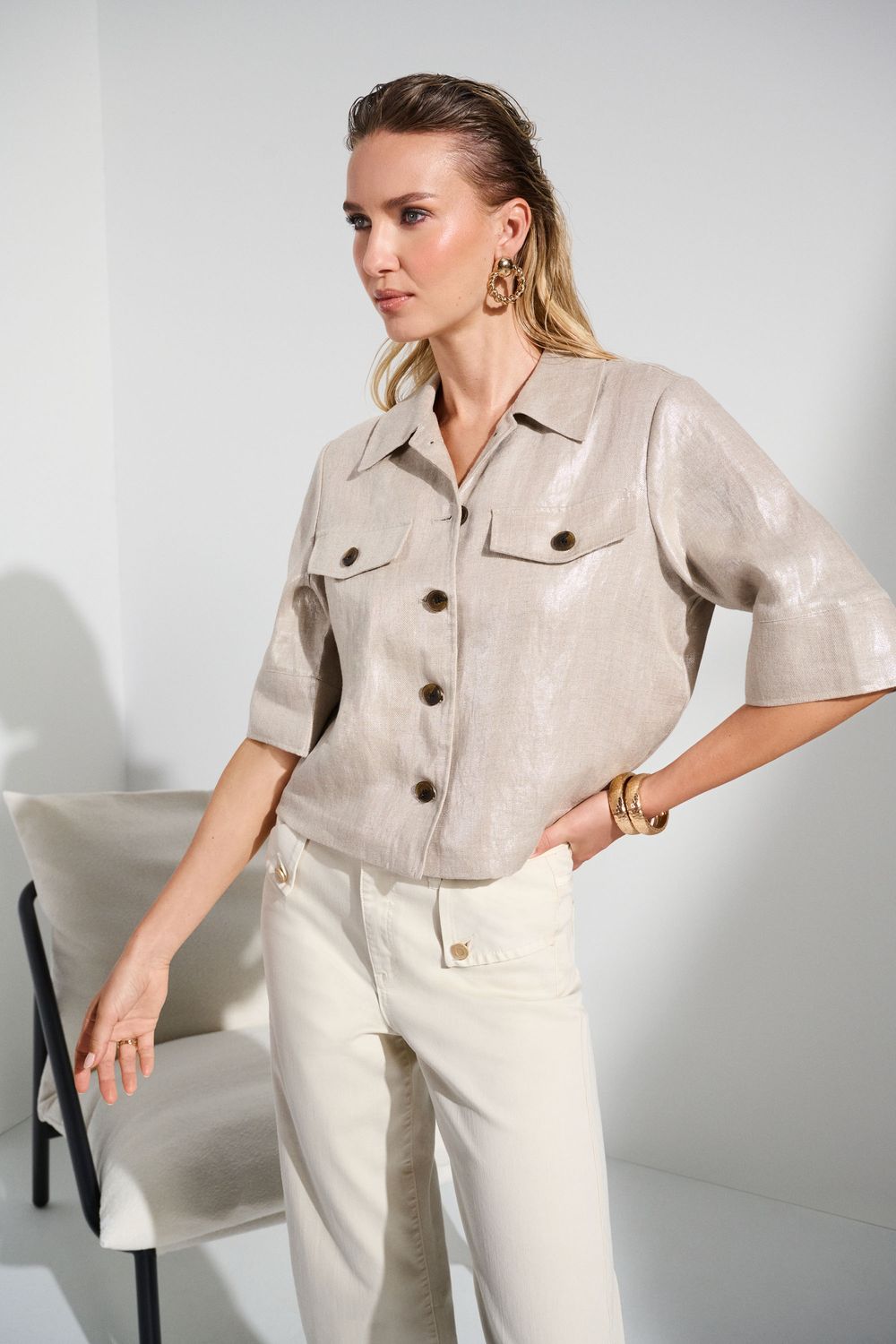 Foiled Lined Boxy Jkt, Color: Champagne, Size: S