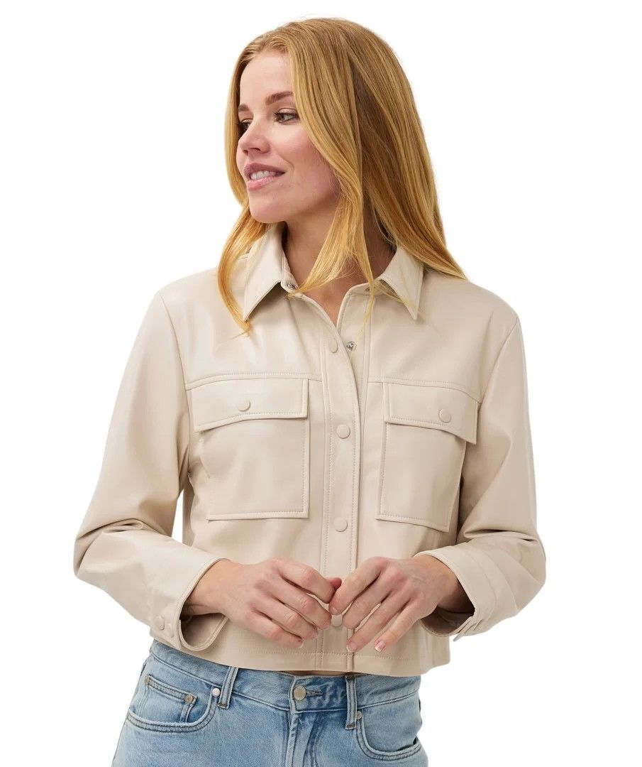 Vegan Leather Button Up Jacket , Color: Sand, Size: 4