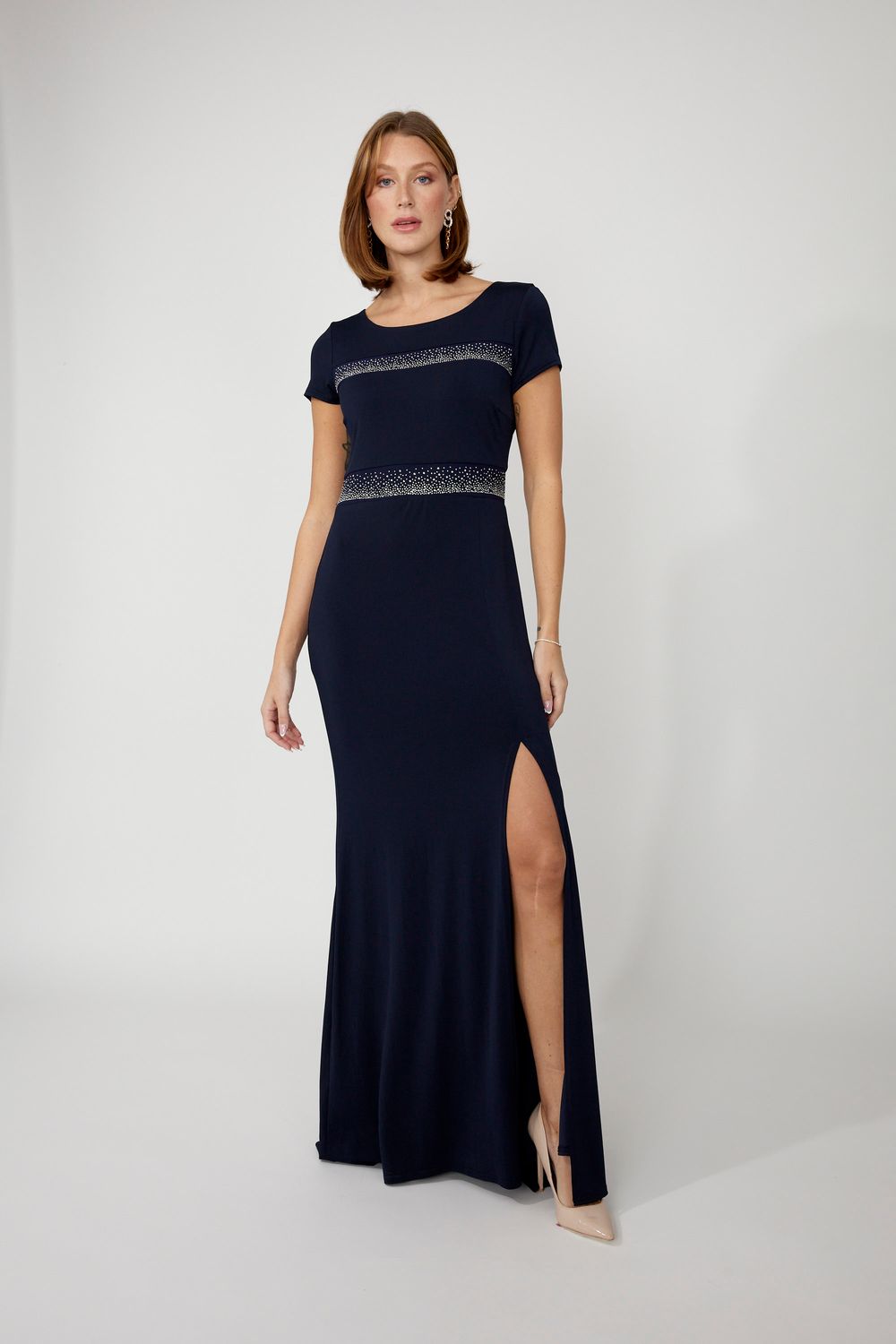 Maxi Sheath Dress w/ Slit &amp; Embellishments, Color: Midnight, Size: S