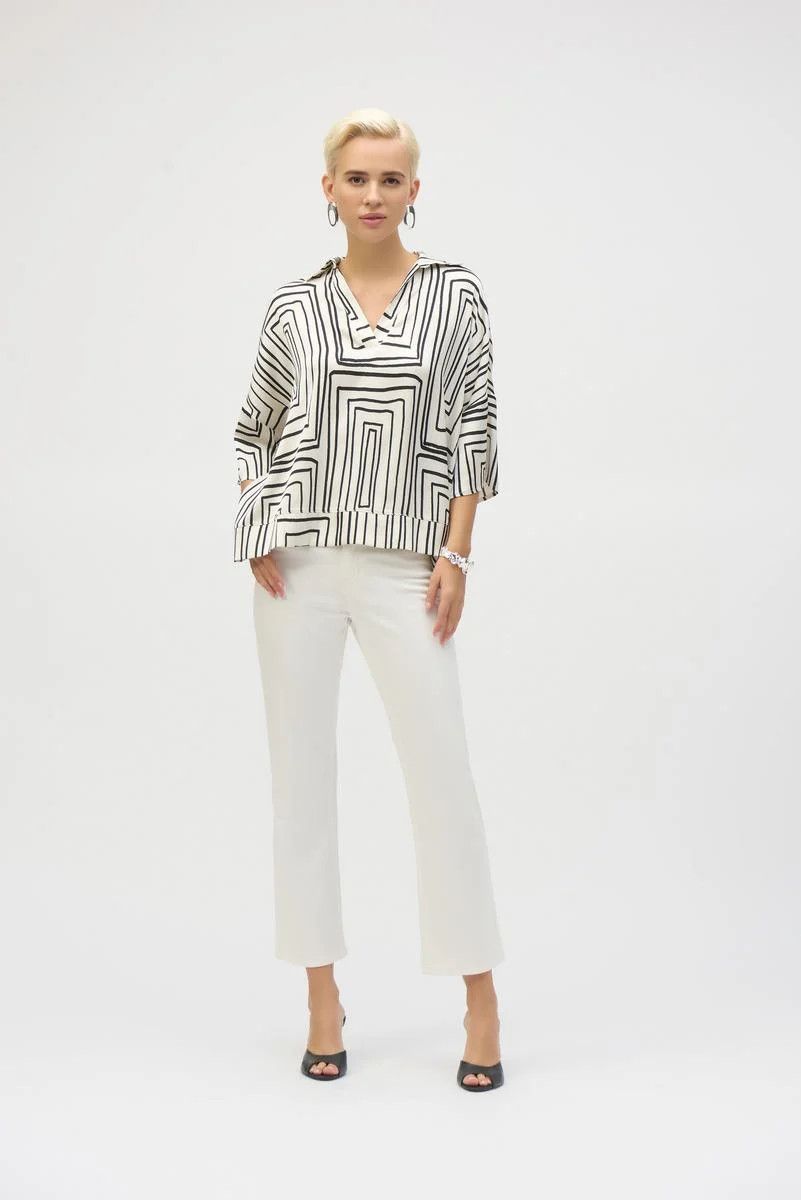 Satin Geo Print Boxy Top, Color: Cream/ Black, Size: 12