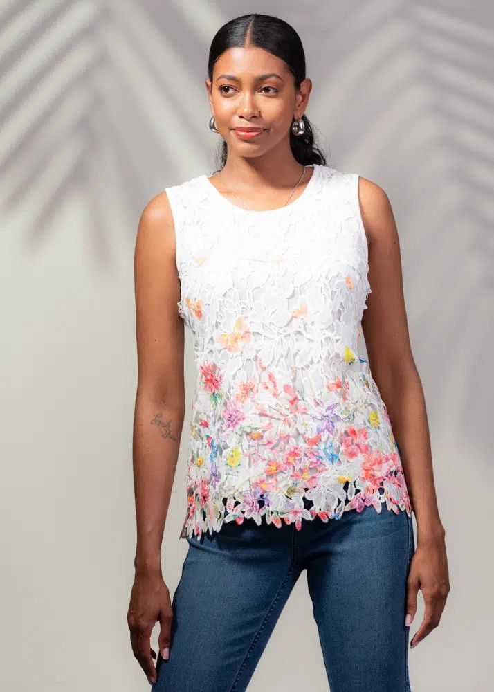 Floral Lace Sleeveless Top, Color: Ivory/ Mix, Size: S