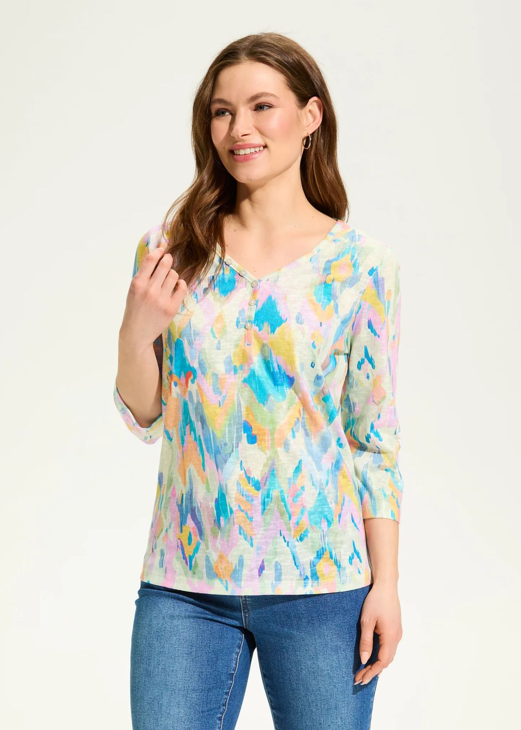 3/4 Sleeve V-neck Print Top, Color: Definitely Mix, Size: S