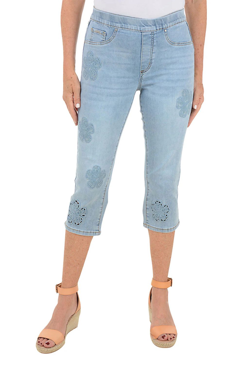 Embroidered Flower Denim Capri, Color: Med. Denim, Size: 6