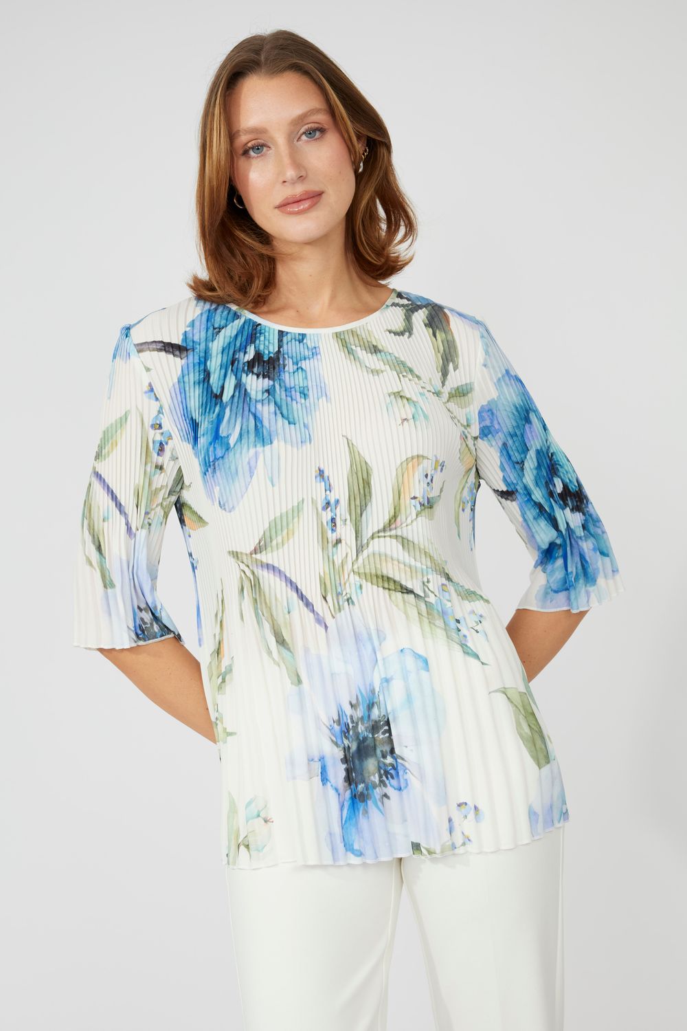 Pleated Floral Crew Neck Blouse, Color: Off- White/ Blue, Size: S