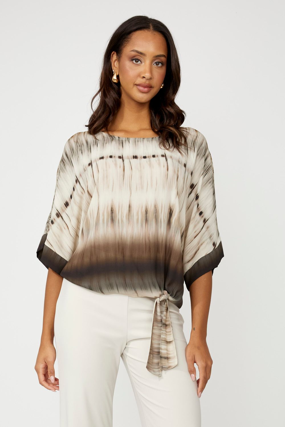 Ombre Boat Neck Tie Front Top, Color: Beige/ Brown, Size: 12