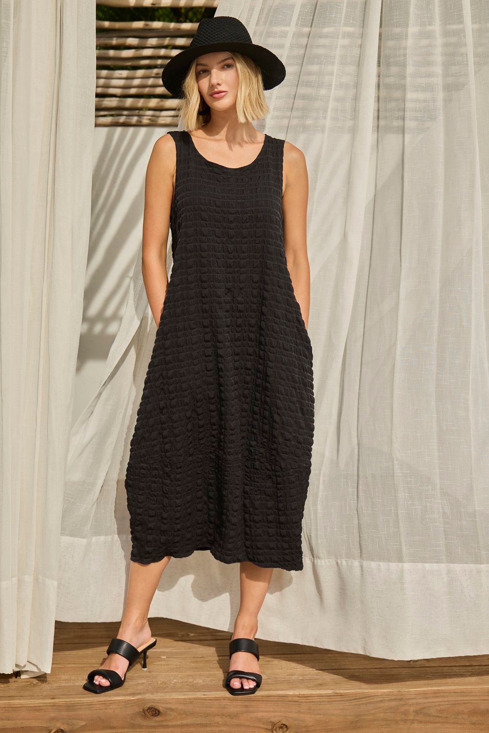 A-line Textured Casual Dress, Color: Black, Size: XS