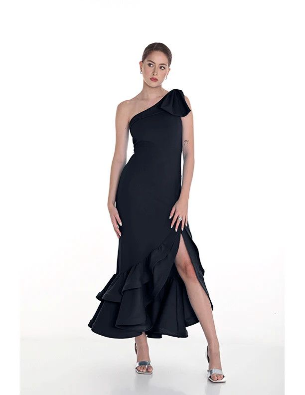 One Shoulder Double Ruffle Salsa Dress, Color: Midnight, Size: 6