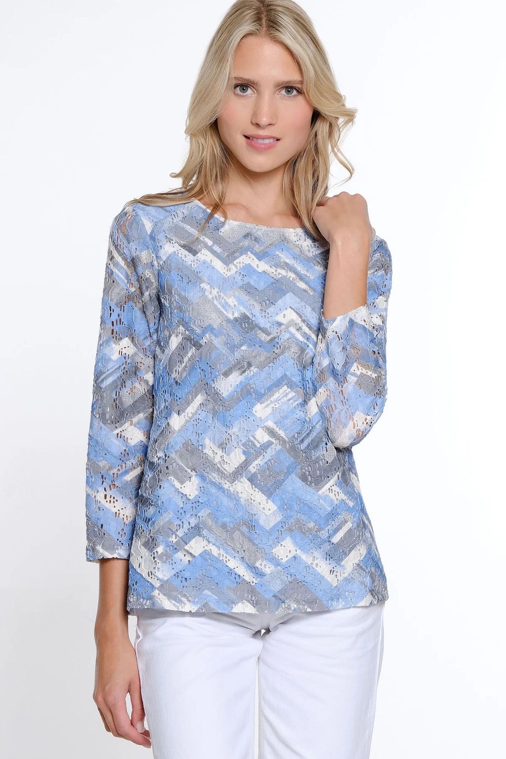 Lace Knit 3/4 Sleeve Top, Color: Blue Ivy, Size: S