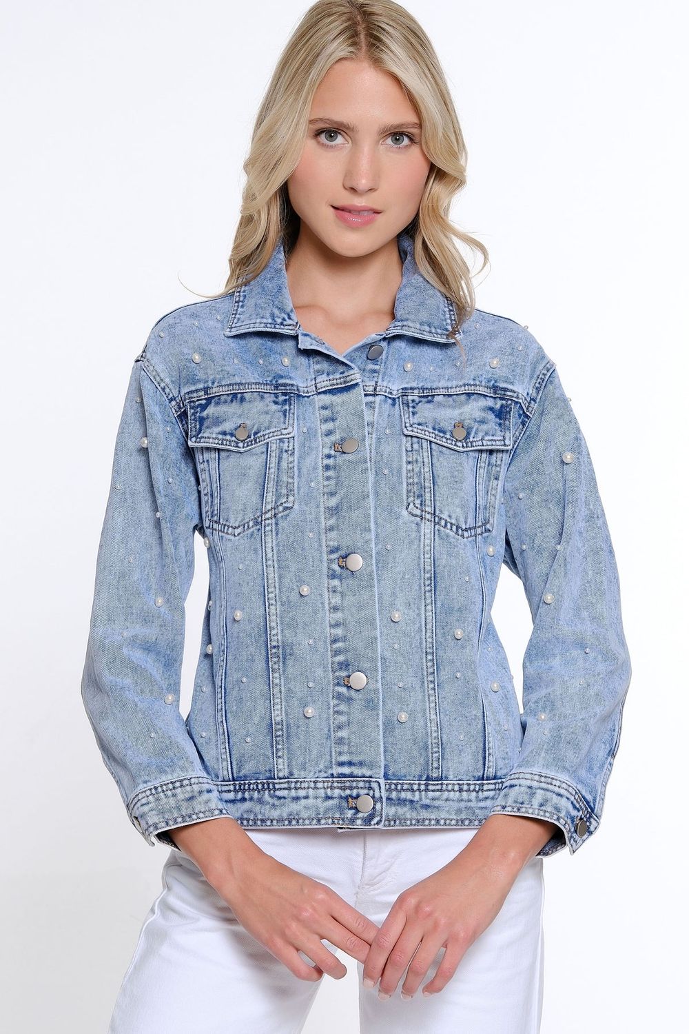 Pearl Embellished Jean Jacket , Color: Indigo, Size: S
