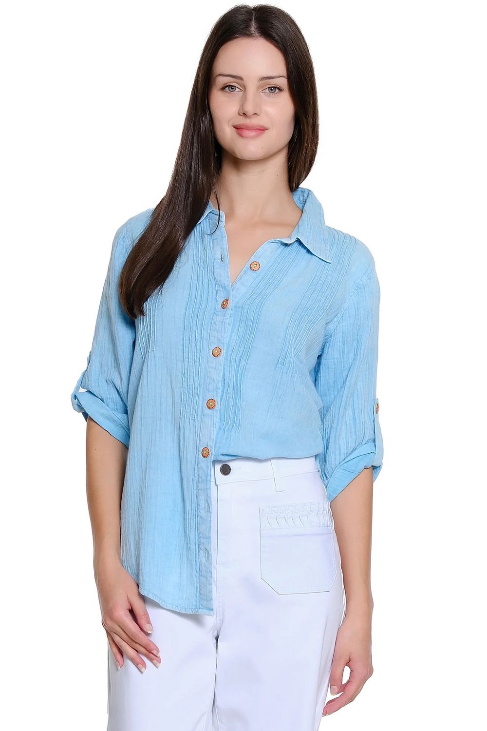 Pin Tucked Button- Up Blouse, Color: Aqua, Size: S