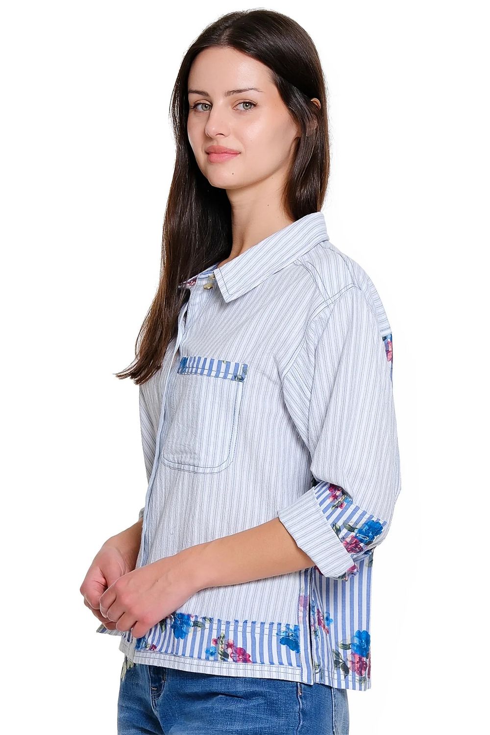 Stripe Mix Print Button- Up Blouse, Color: Blue Star, Size: S
