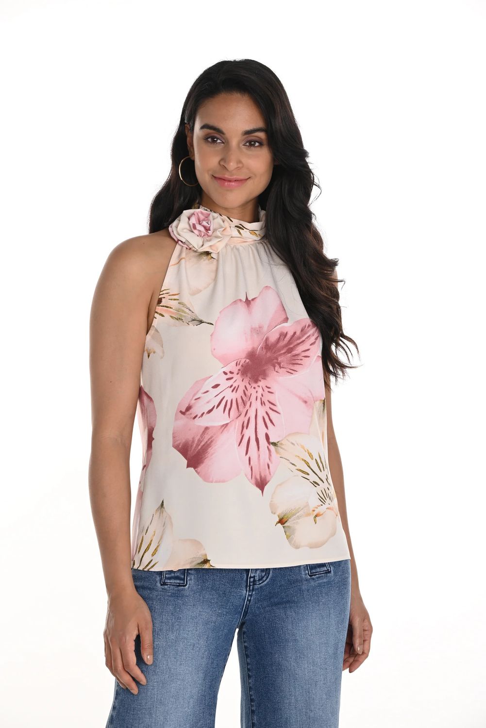Floral Sleeveless Haulter Top, Color: Peach/ Pink, Size: 4