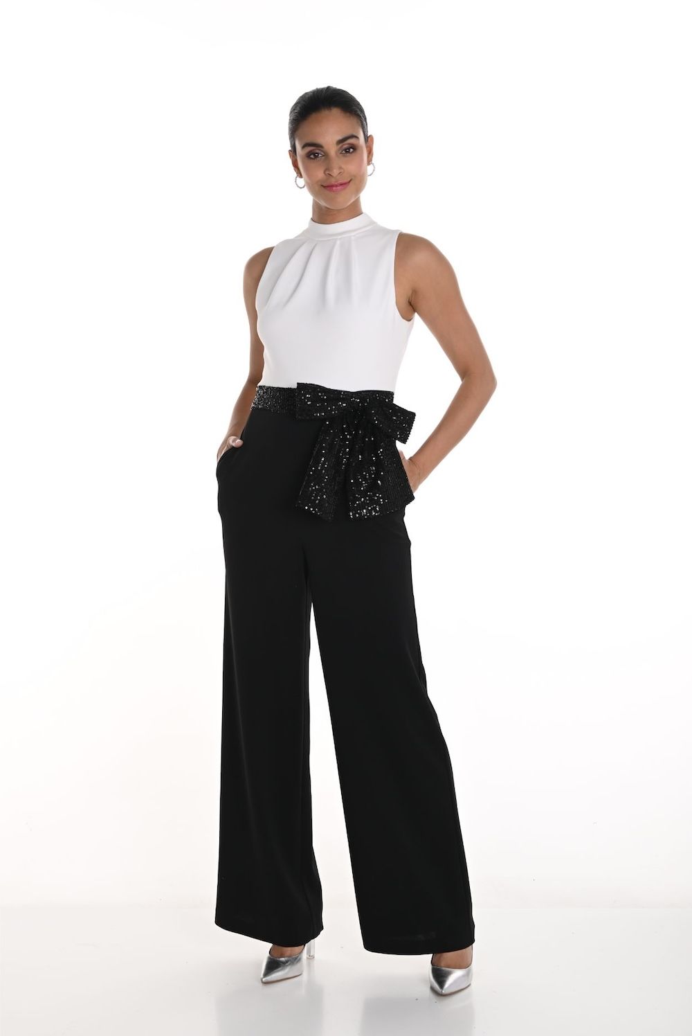 Haulter Neck Jumpsuit w/ Sequin Bow Belt , Color: Black/ White, Size: 8