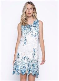 Lace Floral Short Dress, Color: White/ Blue Mix, Size: S