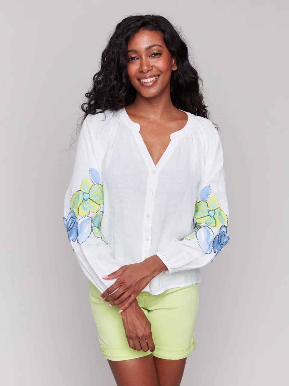 Linen Embroidered Raglan Sleeve Top, Color: Anise, Size: XS
