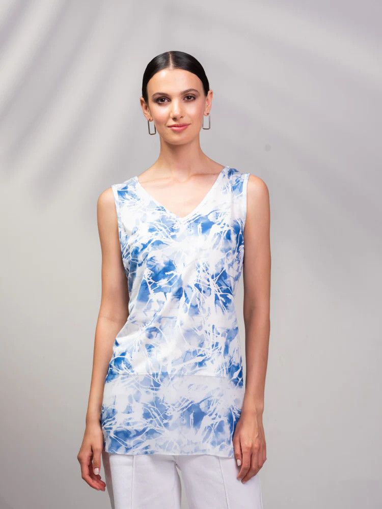 Printed Tunic Tank Top, Color: White/ Blue, Size: S