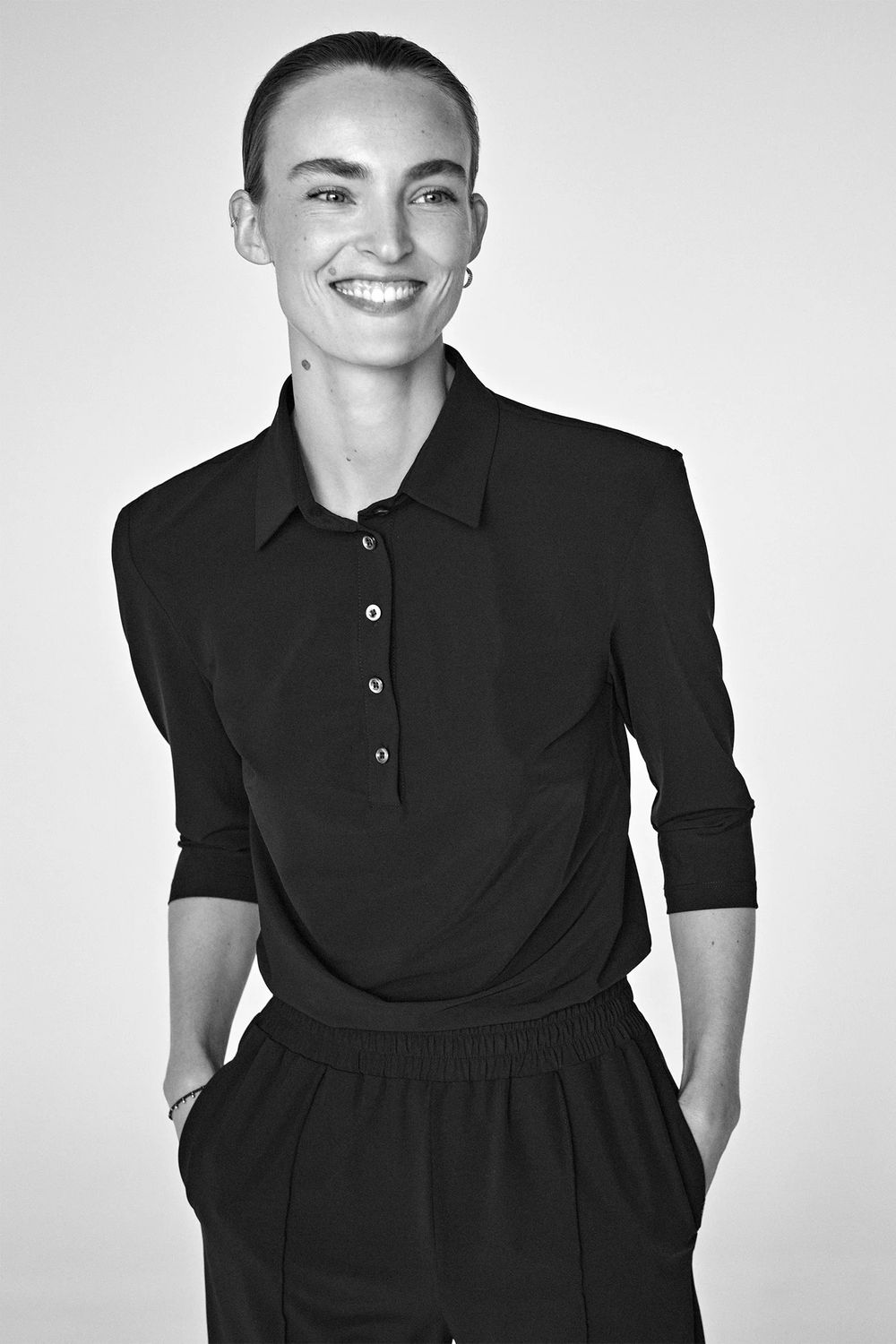 Half Button 3/4 Sleeve Blouse, Color: Black, Size: 8