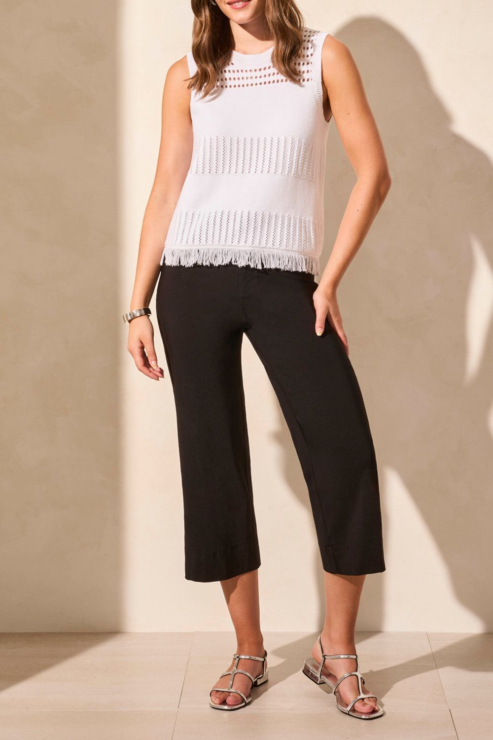 Knit Fringe Hem Sleeveless Top, Color: White, Size: S