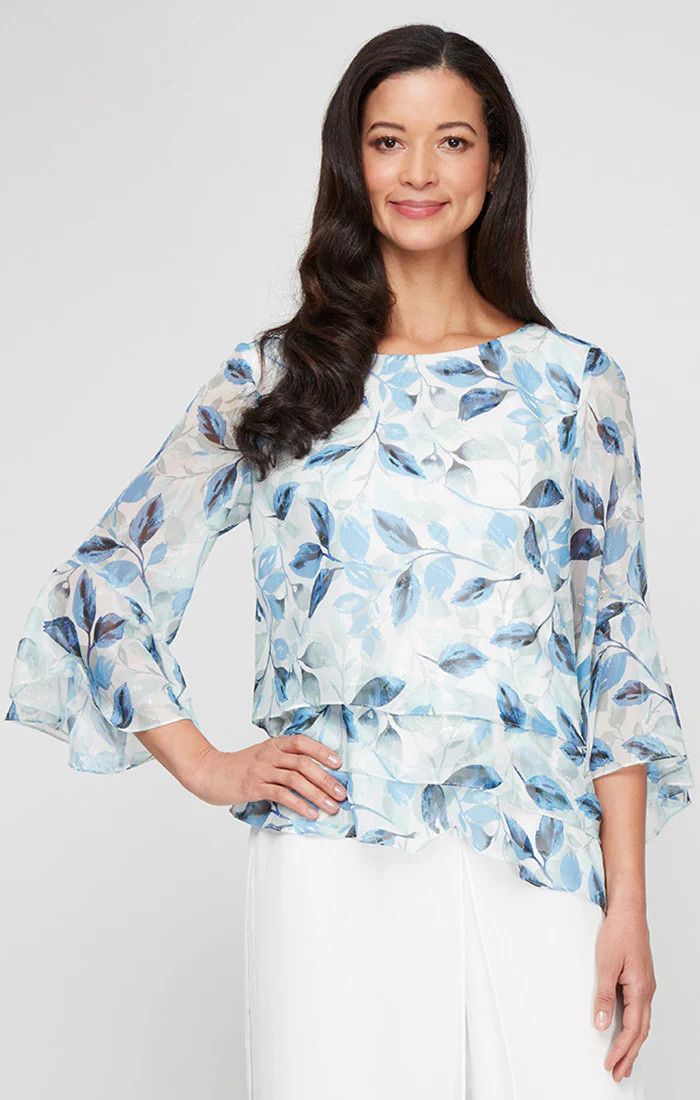 Tripe Tier Bell Sleeve Blouse, Color: Ivory/ Blue Mix, Size: M