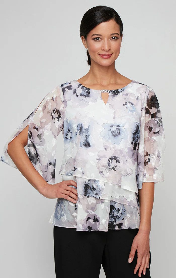 Embellished Burnout Tier Blouse, Color: Ivory/ Purple Mix, Size: S