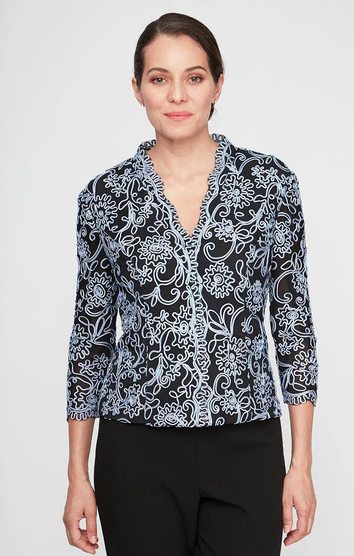 Plus Embroidered Front Scalloped Blouse, Color: Hydrangea/ Black, Size: 1X