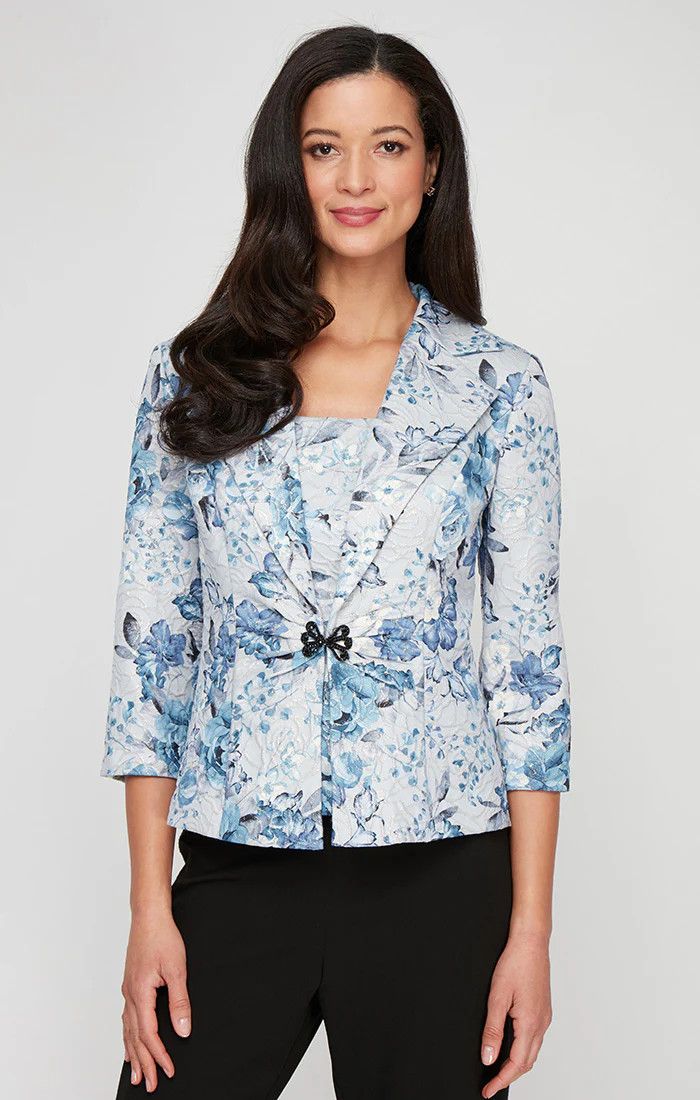 Printed Jacquard Twin Set, Color: Blue/ Multi, Size: 1X