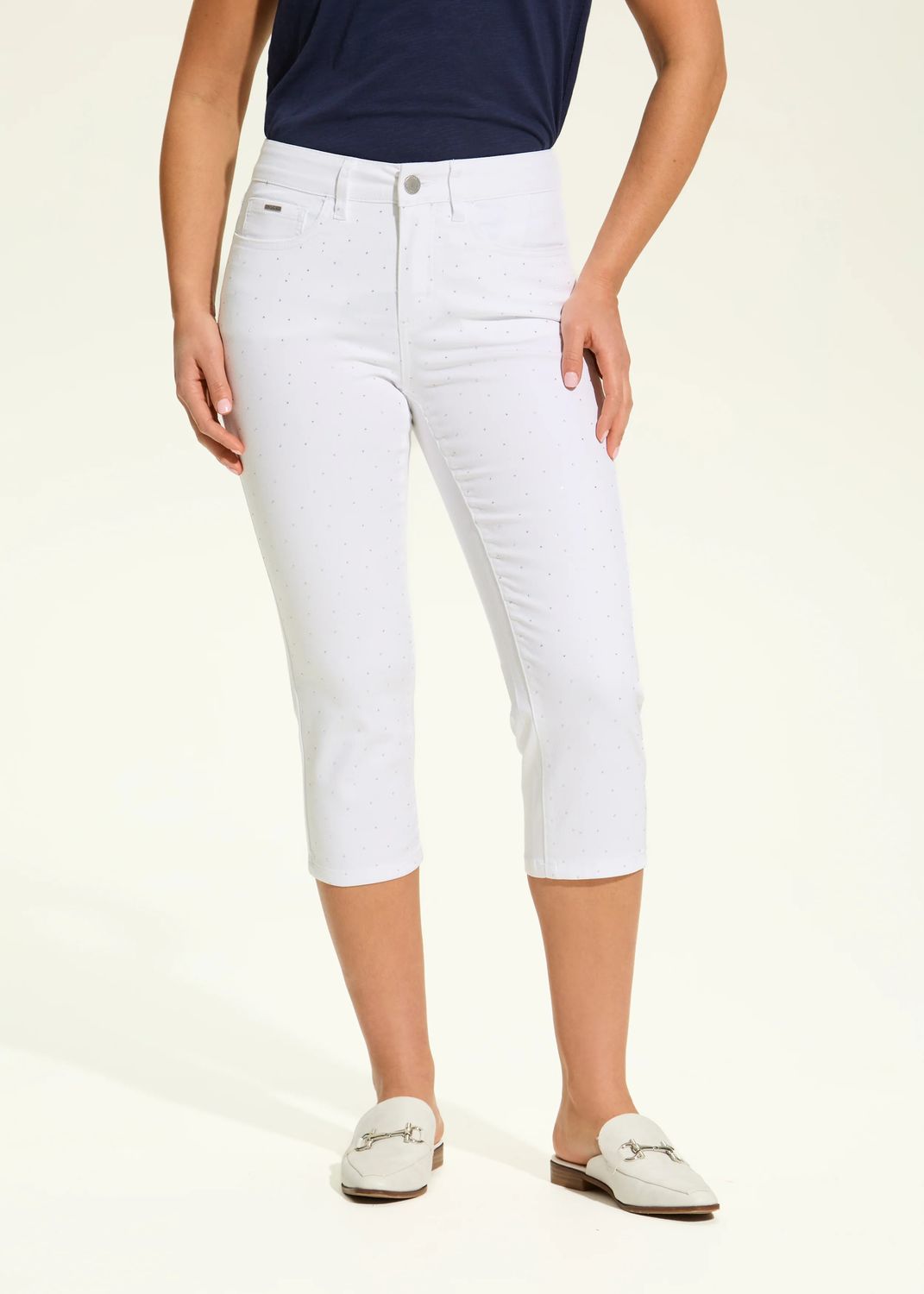 Slim Crystal Denim Capri , Color: White, Size: 4