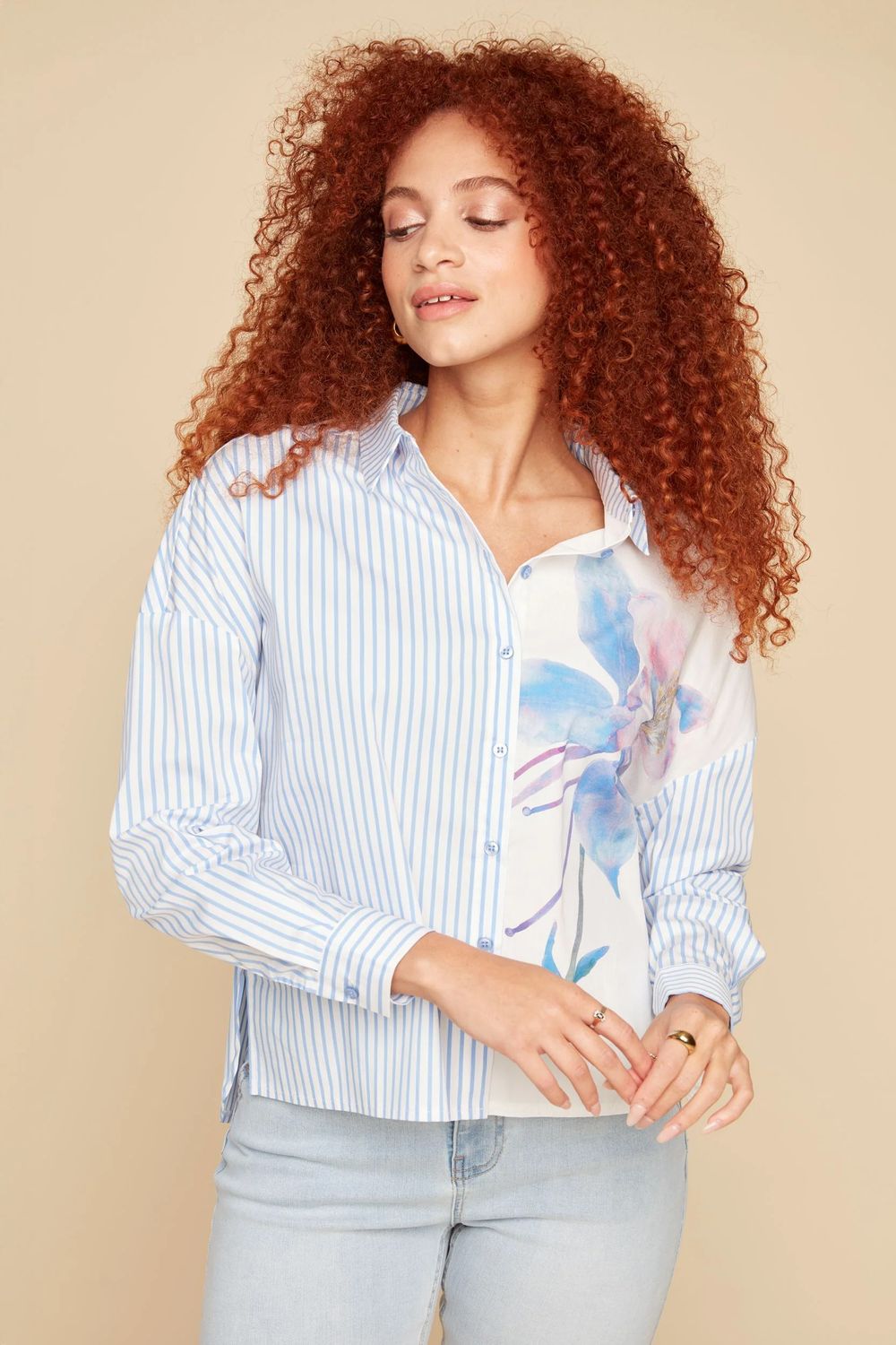 Patterned High-Low Hem Blouse, Color: BlueBell, Size: M