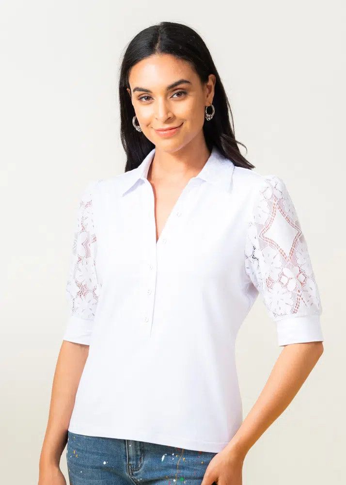 Lace Sleeve Box Top, Color: White, Size: XS