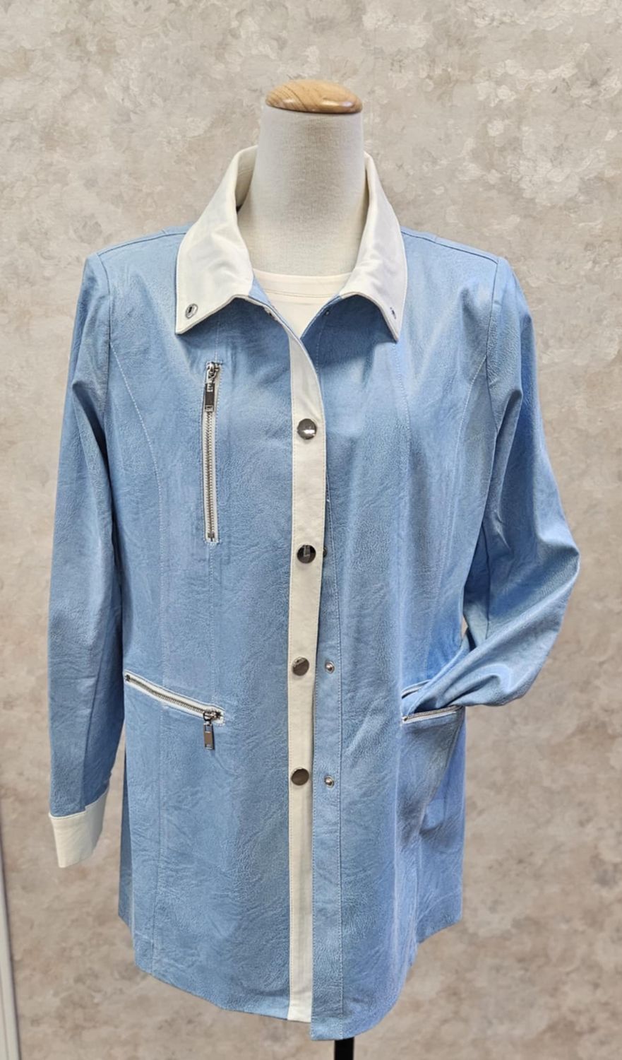 Tailored Long Vegan Leather Jacket , Color: Powder Blue/ Coconut, Size: 8