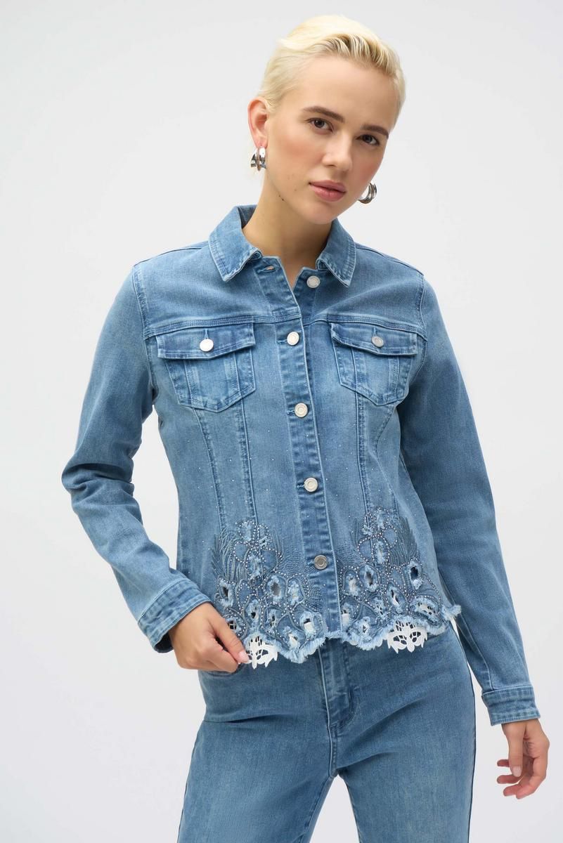 Collard Embellished Lace Hem Jean Jkt, Color: Med. Denim, Size: S