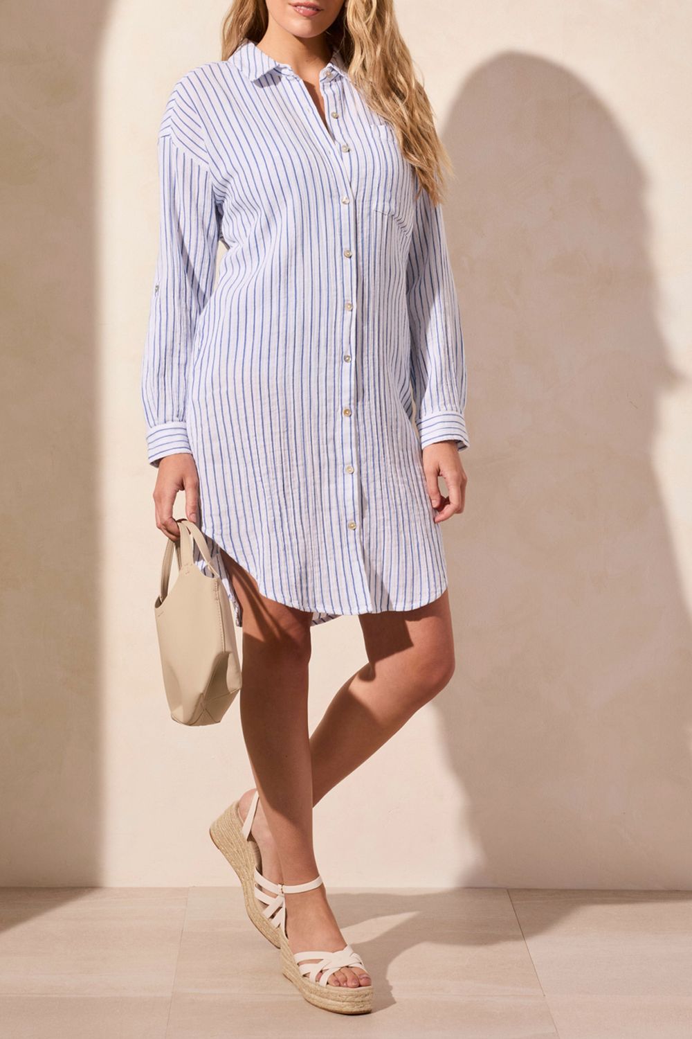Rolled Button Front Blouse Dress, Color: Riviera, Size: M