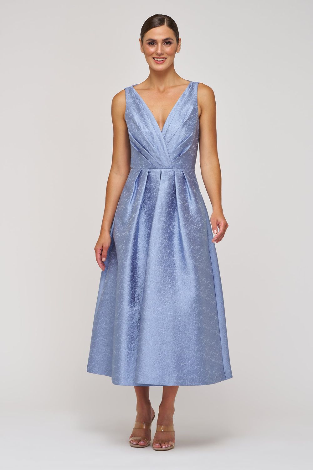 Pleated Surplice Bodice Olivia Dress, Color: Pearl Blue, Size: 6