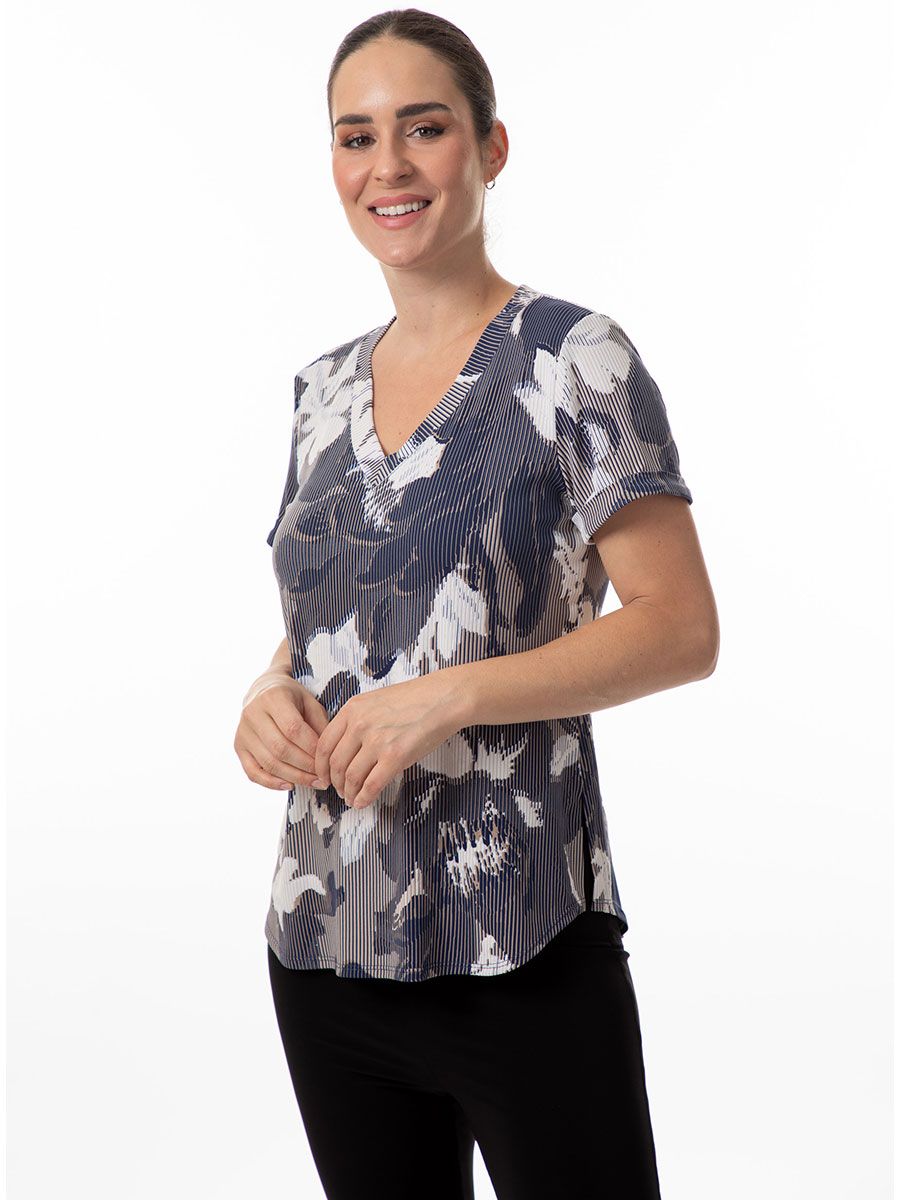 Printed V-neck Side Slit T-Shirt , Color: Blue/ Beige Mix, Size: M
